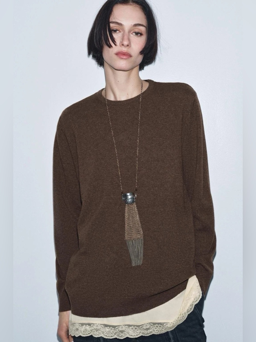 Zara Lace Trimmed Cashmere Wool Blend Sweater Women’s Top Sz M Dark Mink Paris